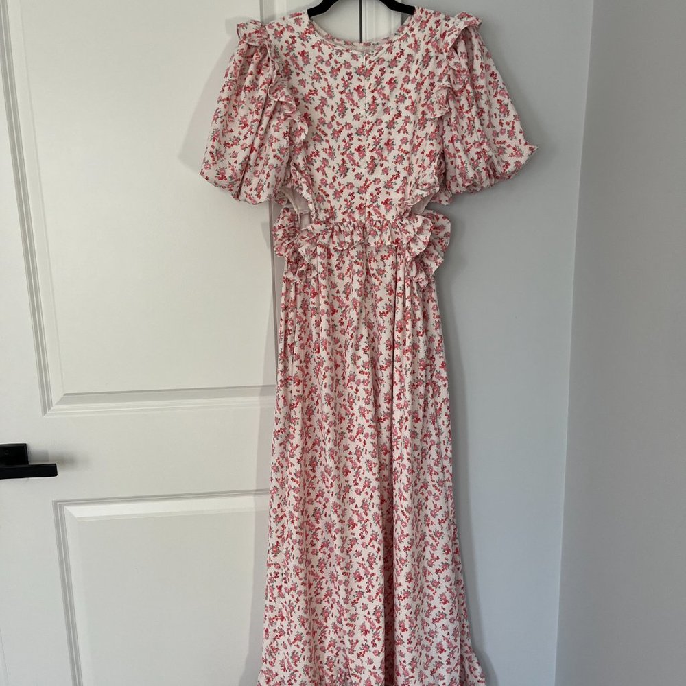 Sister Jane Pink Floral Puff-Sleeve Midi Dress
